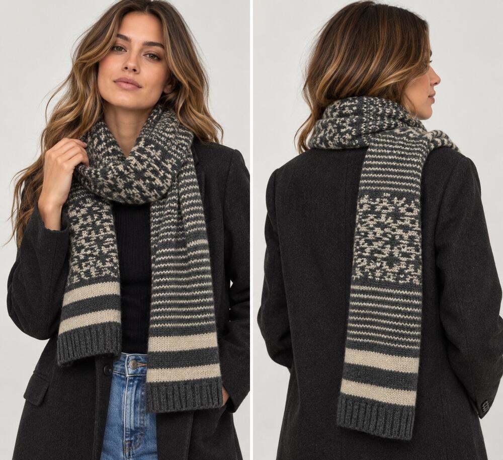 Gap Lambswool Knit Scarf Gray Cream Striped Fair Isle O/S Winter Grandpacore